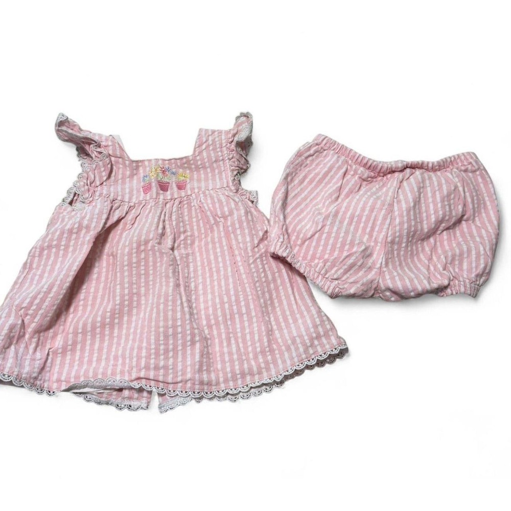 Little Me Baby Girl 24M Pink Stripe Seersucker Dress Bloomers Floral Embroidered